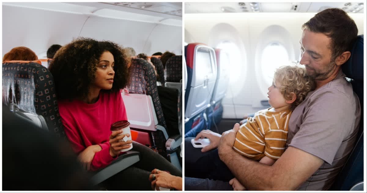 (L ) A woman turning behind to talk to someone on a flight ; (R) A father and his son on a flight (Representative Cover Image Source: Getty Images | Photo by (L) Catherine Falls Commercial ; (R) RyanJLane)