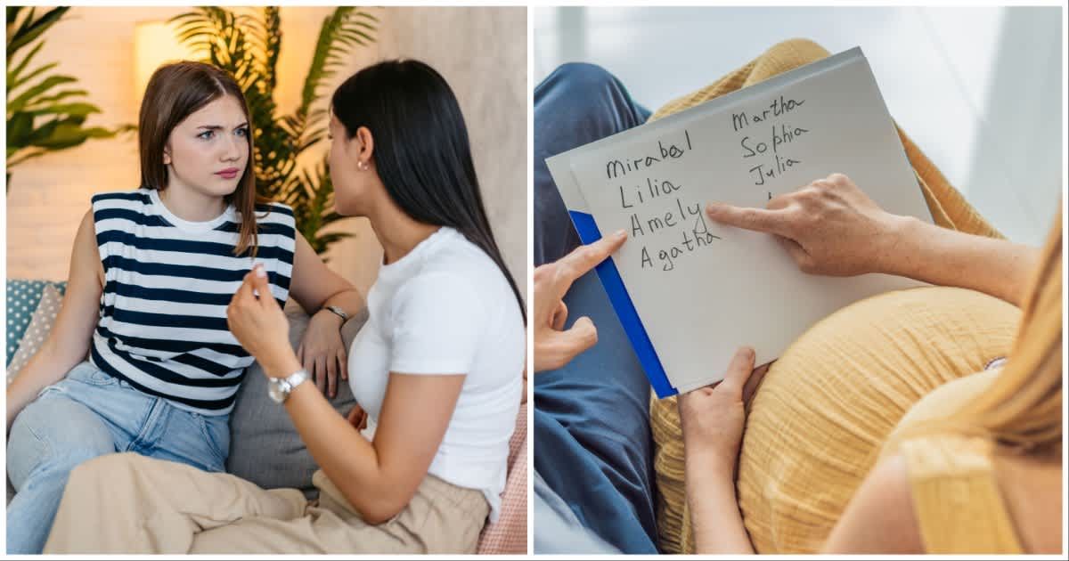 (L ) A woman suspiciously looking at her friend ; (R) A pregnant woman choosing names for her baby (Representative Cover Image Source: Getty Images | Photo by (L) urbazon ; (R) galitskaya)