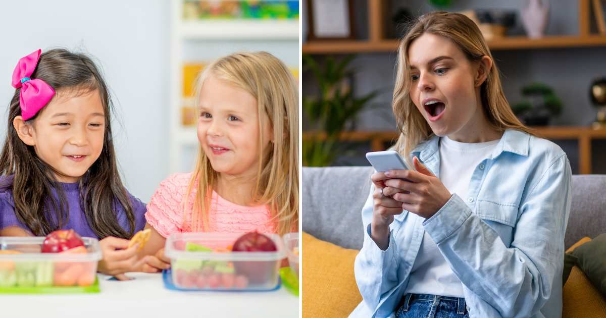 (L) kids having school lunch, (R) woman shocked looking at phone. (Representative Cover Image Source: Getty Images | (L) fatcamera, (R) Ivan kyryrk) 