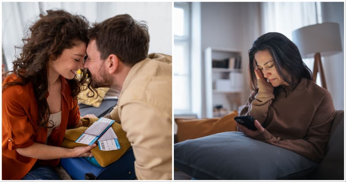 (L ) A couple holdings travel trickets as they pack for a trip ; (R) A woman sheds tears reading something on a phone (Representative Cover Image Source: Getty Images | Photo by (L) Martinns ; (R) Halfpoint Images)