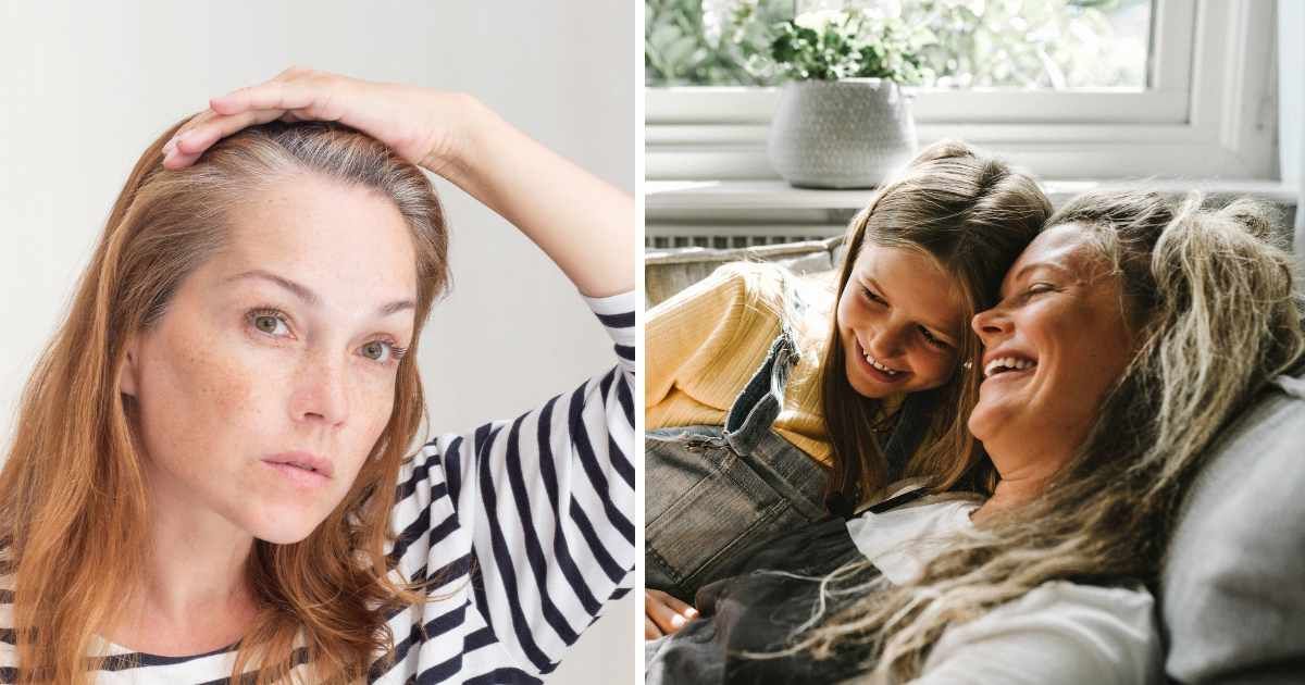(L) Woman looking at gray hair. (R) Mom daughter smiling. (Representative Cover Image Source: Getty Images | (L) Tatiana Foxy, (R) Maskot)