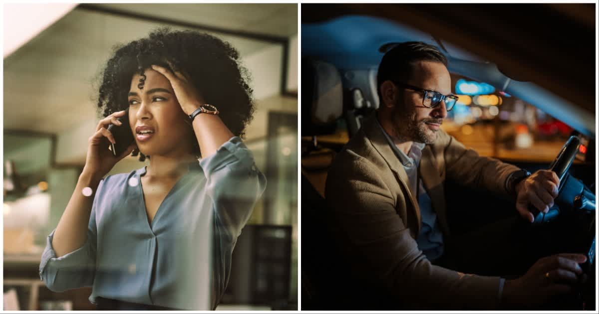 (L ) A woman calling someone worriedly; (R) A man driving a car at night (Representative Cover Image Source: Getty Images | Photo by (L) LaylaBird ; (R) zamrznutitonovi)