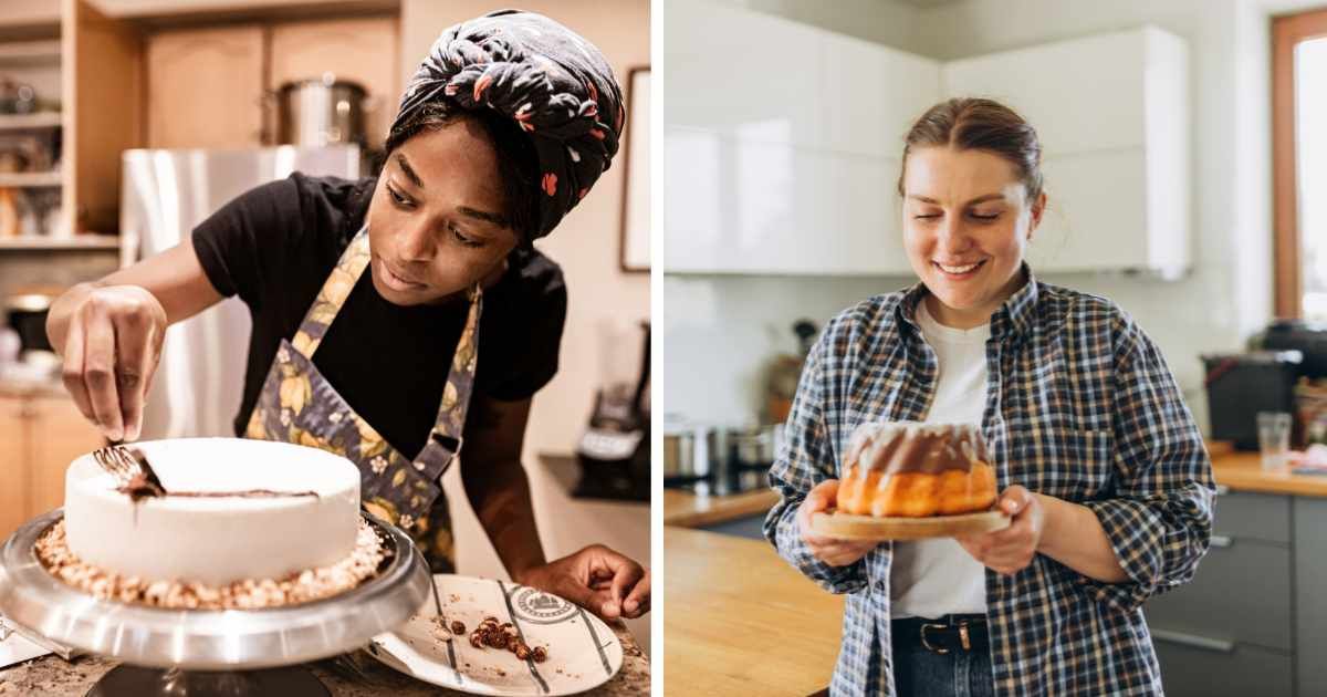 (L) Woman baking. (R) Woman happy looking at cake. (Representative Cover Image Source: Getty Images | (L) Fotografia, (R) Mariia Skovpen)