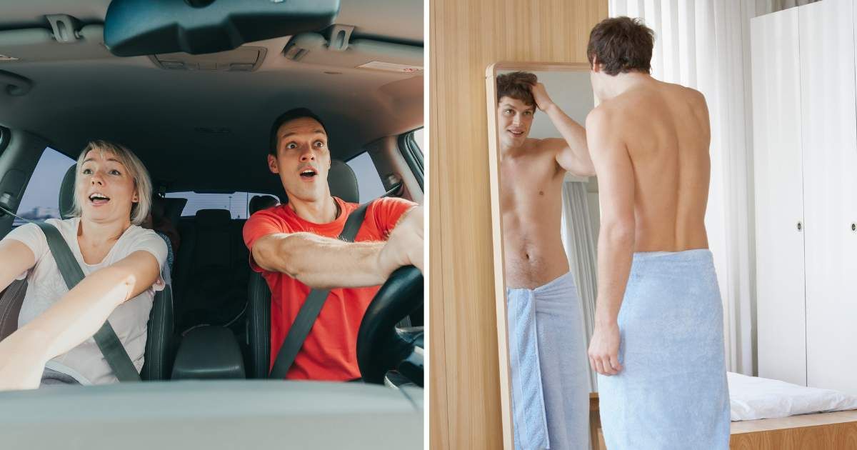 (L) Couple in car. (R) Shirtless man looking at self in mirror. (Representative Cover Image Source: Getty Images | (L) rbkomar, (R) justin pumfrey)
