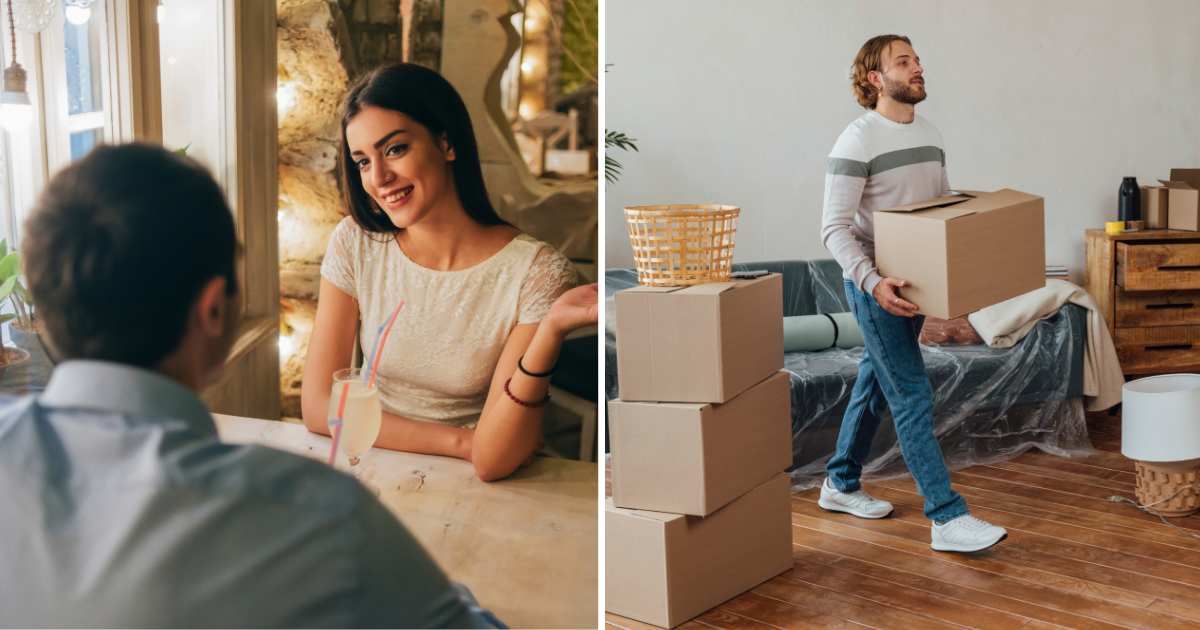 (L) Woman on a date. (R) Man moving out with boxes. (Representative Cover Image Source: Getty Images | (L) Westend61, (R) Westend61)