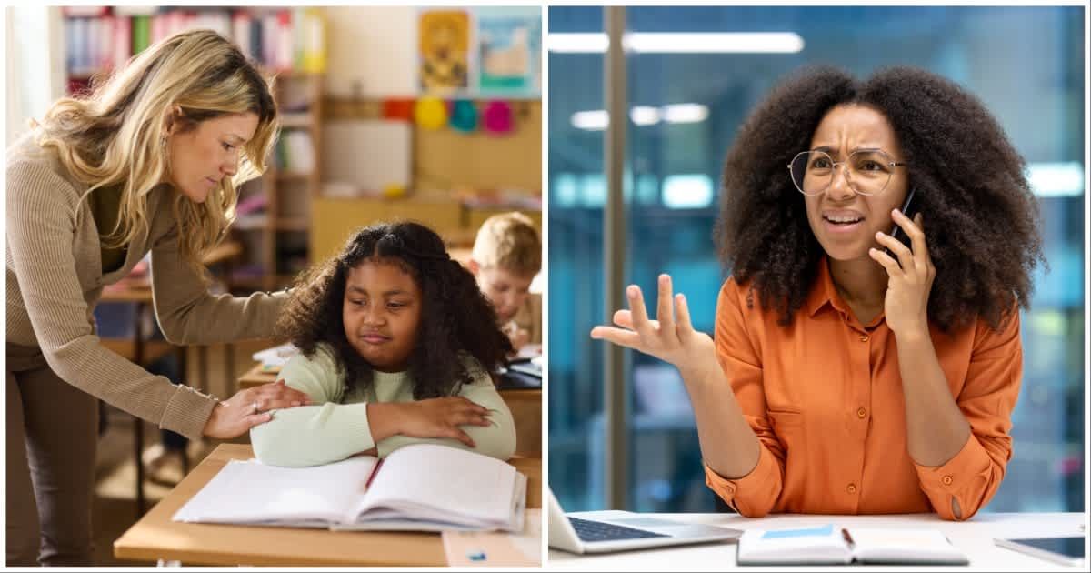 (L ) A teacher speaking to a student ; (R) A woman looks angry, calling someone (Representative Cover Image Source: Getty Images | Photo by (L) Liubomyr Vorona ; (R) skynesher)