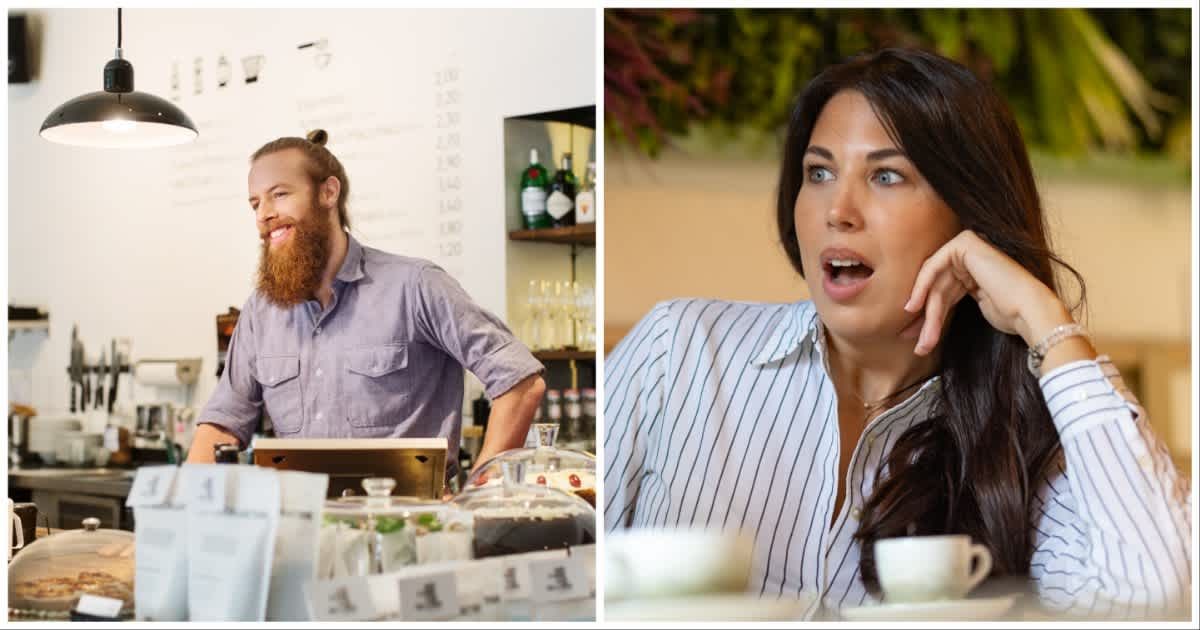 (L ) A male barista talking to a customer ; (R) A female customer looks shocked at a cafe (Representative Cover Image Source: Getty Images | Photo by (L) alvarez ; (R) Mladen Stankovic)