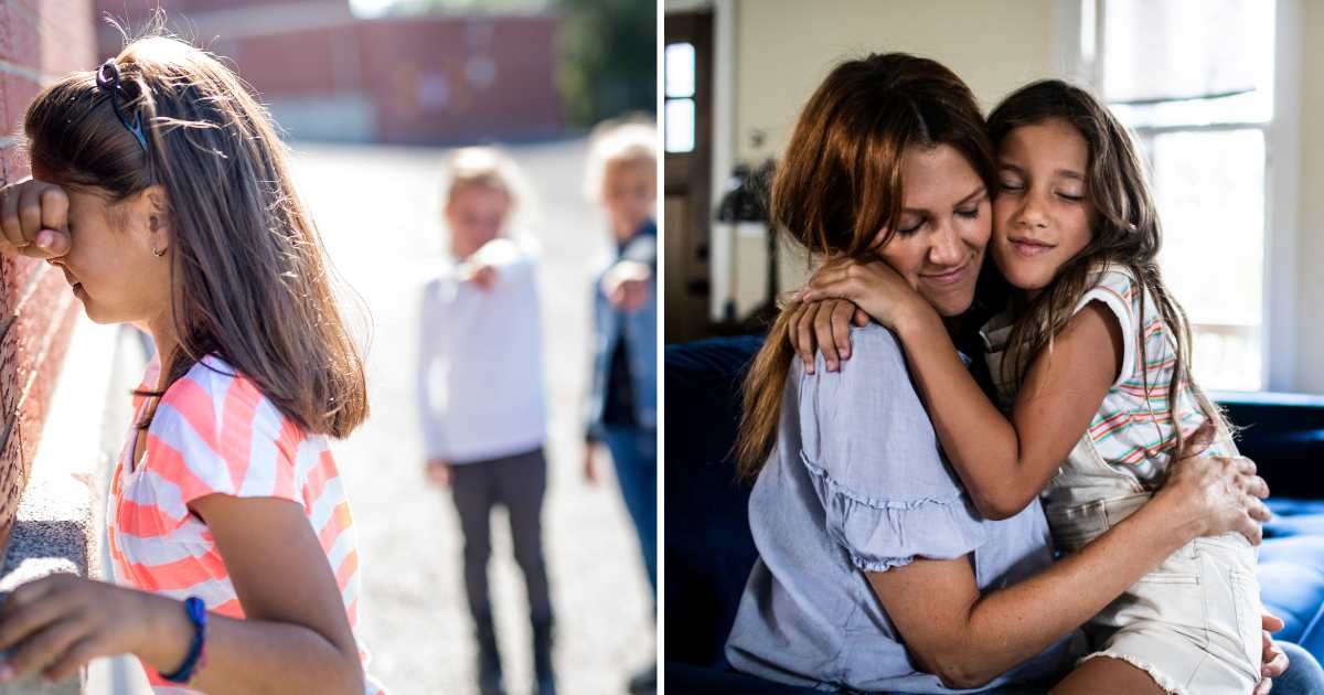 (L) Little girls being mean to girl. (R) Mom hugging daughter. (Representative Cover Image Source: Getty Images | (L) LSO photos, (R) MoMo productions)