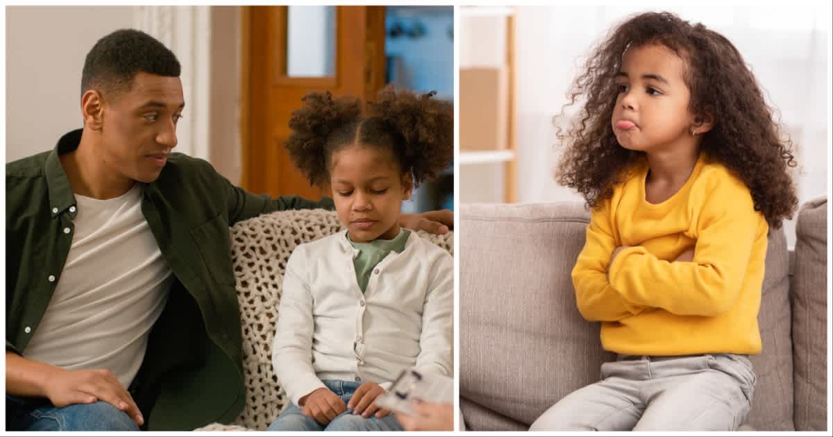 (L ) A dad talking to his little daughter ; (R) A little looks annoyed (Representative Cover Image Source: Getty Images | Photo by (L) Kaveshnikova ; (R) Prostock-Studio)