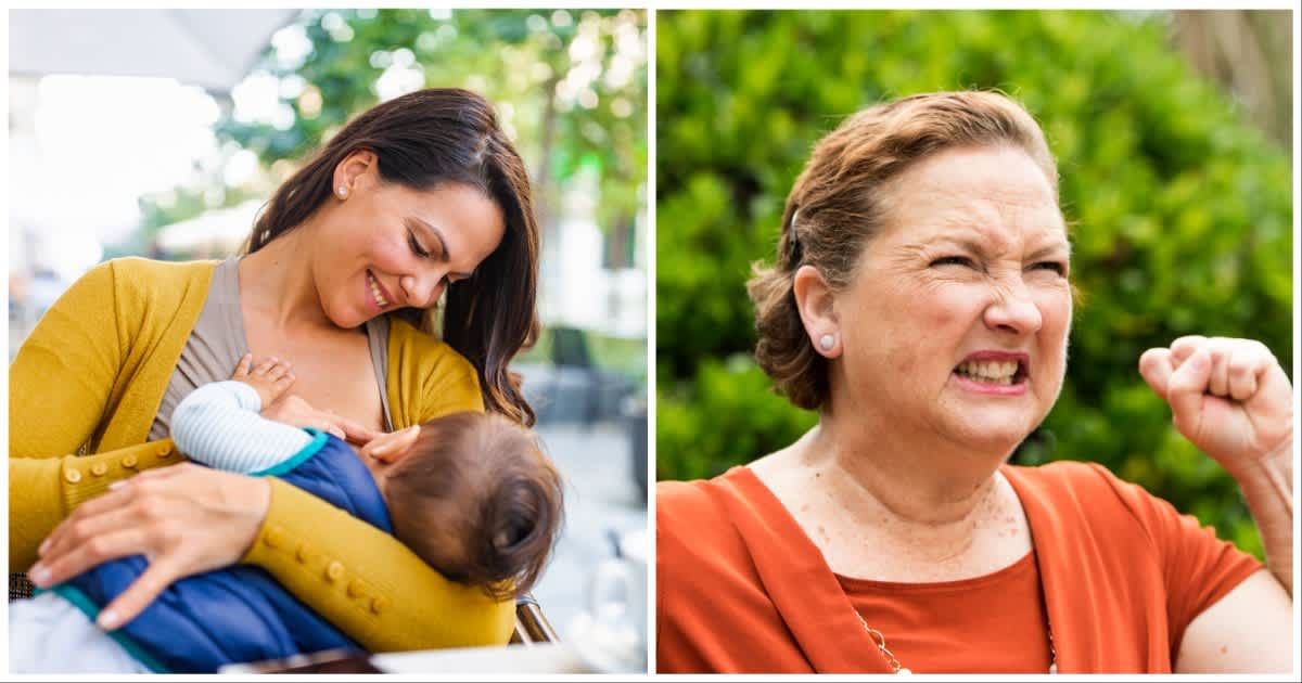 (L ) A mother breastfeeding her baby ; (R) An old angry woman (Representative Cover Image Source: Getty Images | Photo by (L) NoSystem images ; (R) Juanmonino)