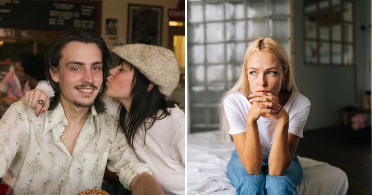 (L) Woman kisses man on cheek. (R) Woman lost in thoughts. (Representative Cover Image Source: Getty Images | (L) Brand x pictures, (R) dikushin)