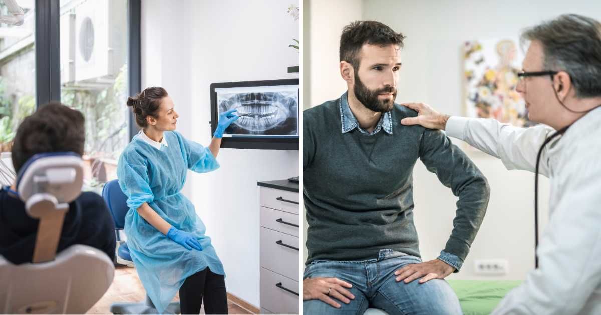 (L) Dentist looking at X-ray report. (R) Sad man talking to doctor. (Representative Cover Image Source: Getty Images | (L) Artist GND photography, (R) DjelicS)
