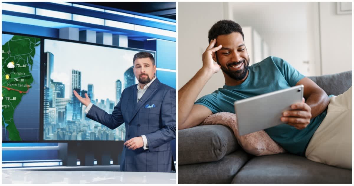 (L ) A meteorologist reporting weather updates ; (R) A man laughing as he watches news (Representative Cover Image Source: Getty Images | Photo by (L) gorodenkoff ; (R) Halfpoint Images)