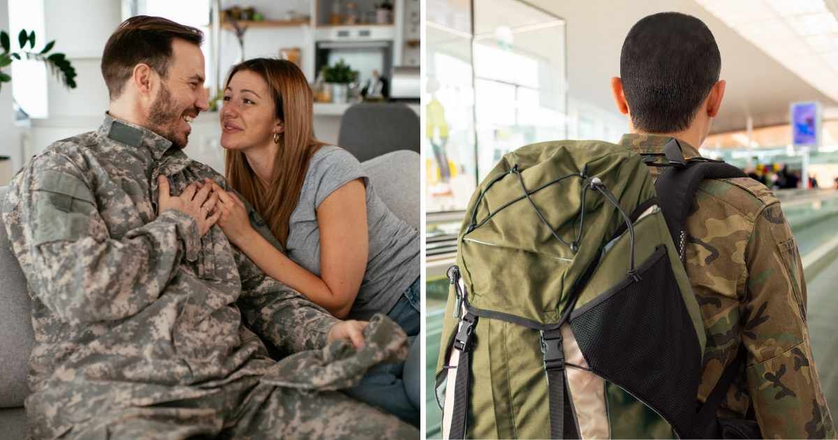 (L) Military man with wife. (R) Miliary man at airport. (Representative Cover Image Source: Getty Images | (L) boris jonanovic, (R) cunaplus M faba)