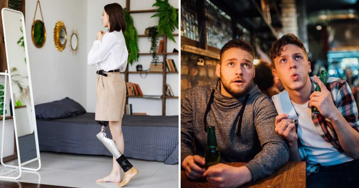 (L) Woman with prosthetic leg getting ready. (R) Two men at bar shocked. (Representative Cover Image Source: Getty Images | (L) JulPo, (R) RgStudio)