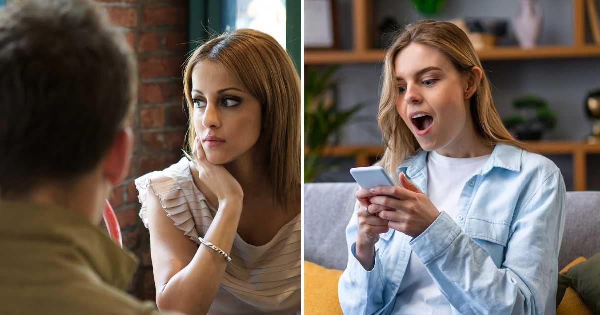 (L) Bored woman on a date. (R) Woman shocked looking at phone. (Representative Cover Image Source: Getty Images | (L) gollykim, (R) ivan kyryk)
