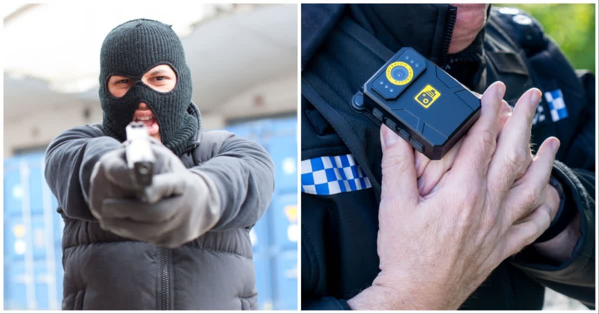 (L ) A suspect holding a gun ; (R) A cop holding his chest against a bodycam (Representative Cover Image Source: Getty Images | Photo by (L) Paul Bradbury ; (R) Alphotographic)
