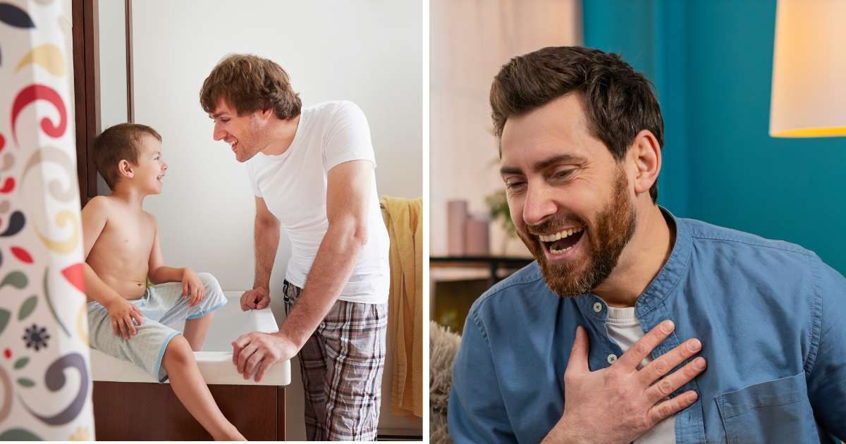 (L) Father and son in washroom. (R) Man laughing. (Representative Cover Image Source: Getty Images | (L) Jasper cole, (R) Andrii lemelyanenko)