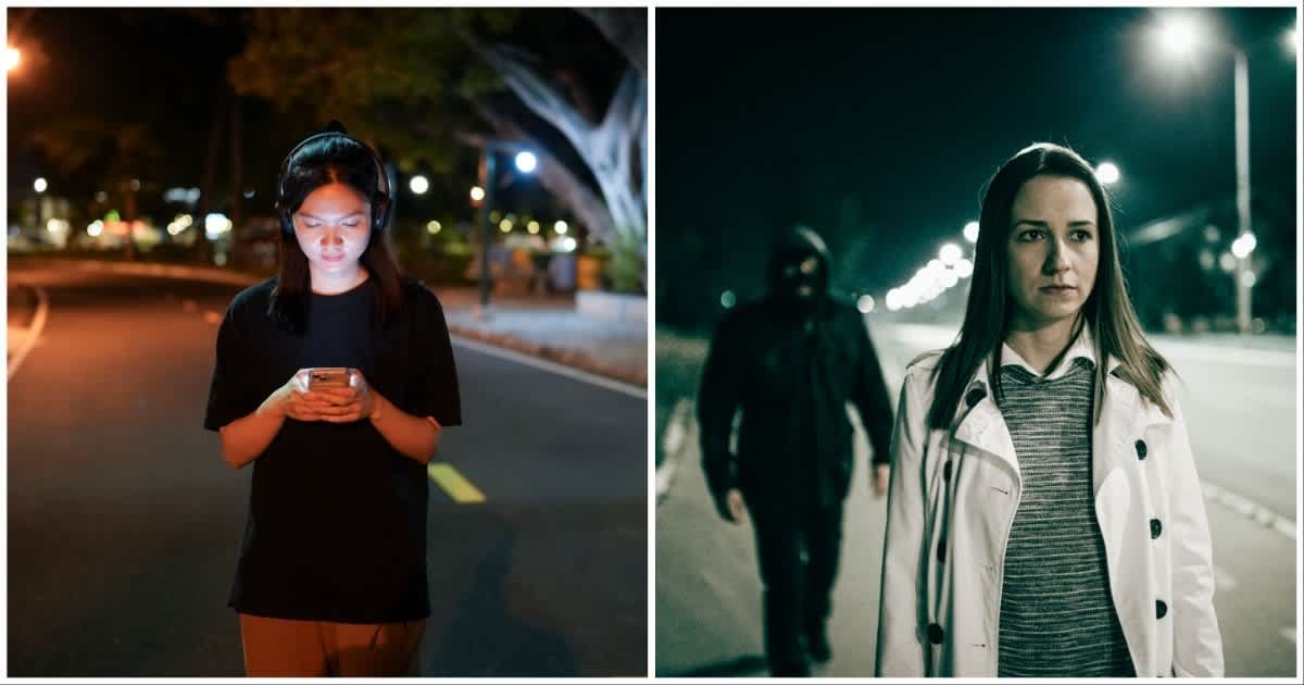 (L ) A woman with headphones walking alone at night ; (R) A woman walking alone at night being followed by a stranger (Representative Cover Image Source: Getty Images | Photo by (L) Vachilavit Sanameang ; (R) South_agency)