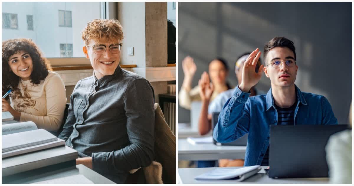 (L ) A student laughing at something ; (R) A student raising his hand (Representative Cover Image Source: Getty Images | Photo by (L) Maskot ; (R) miniseries)