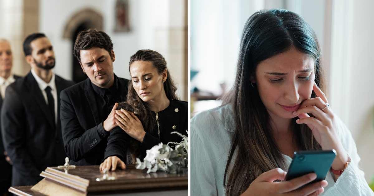 (L) Woman crying at funeral. (R) Sad woman looking at phone. (Representative Cover Image Source: Getty Images | (L) PeopleImages, (R) Bevan Goldswain)