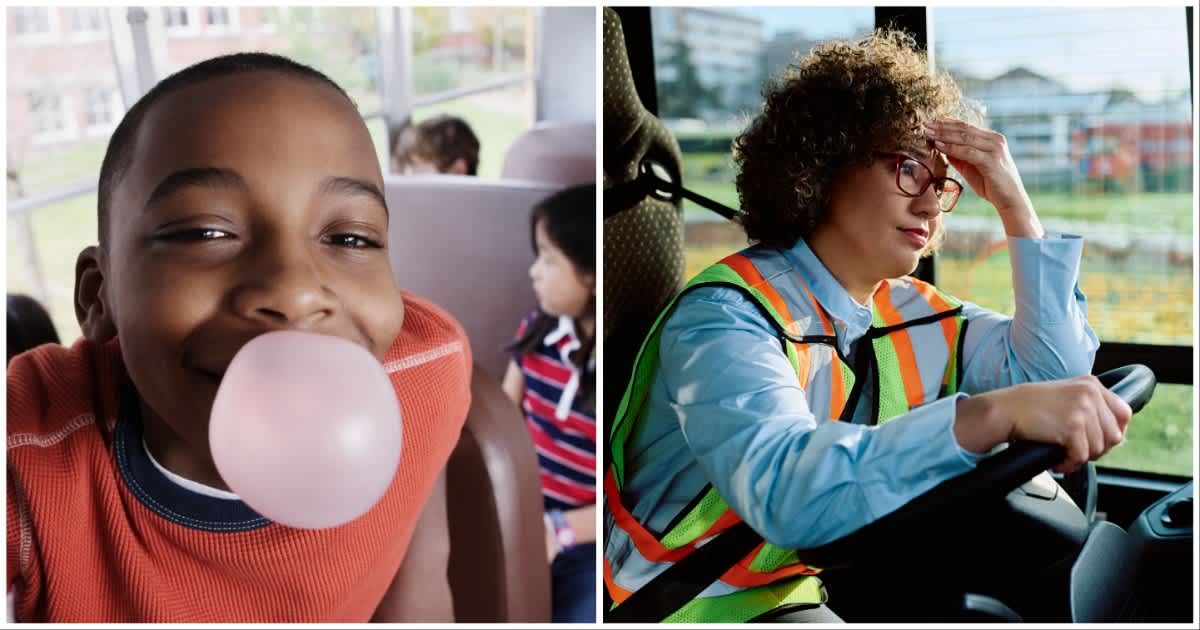 (L ) A kid chewing gum ; (R) A school bus driver looks annoyed (Representative Cover Image Source: Getty Images | Photo by (L) Andersen Ross Photography Inc ; (R) Drazen Zigic)