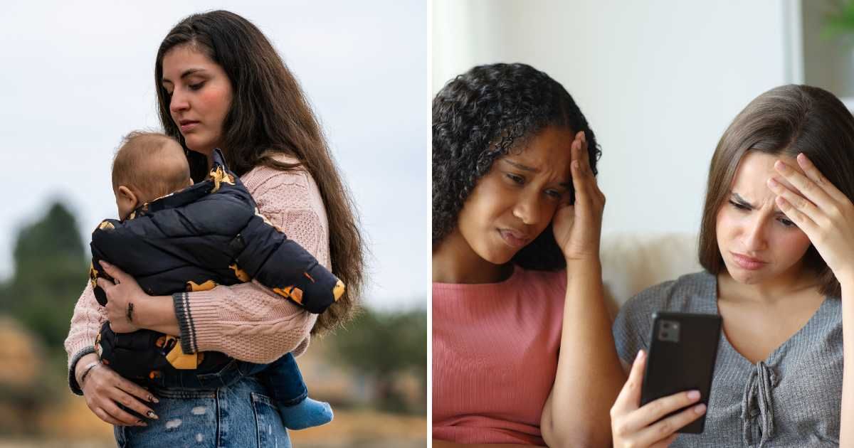 (L) Mom carrying baby. (R) Women worried looking at phone. (Representative Cover Image Source: Getty Images | (L) Pacoocimage, (R) Pheelings media)
