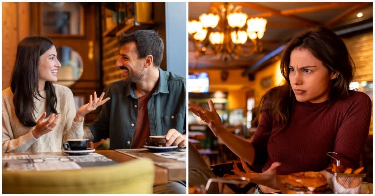 (L ) A couple on a date ; (R) A woman looks angry at a restaurant (Representative Cover Image Source: Getty Images | Photo by (L) draganab ; (R) Igor Suka)