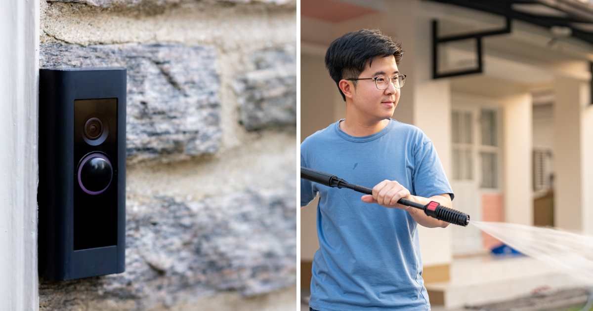 (L) Ring camera. (R) Young boy washing driveway. (Representative Cover Image Source: Getty Images | (L) Catherine Mcqueen, (R) Jackyenjoyphotography)