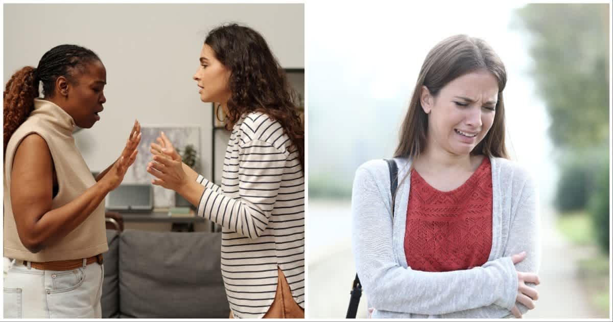 (L) Two women having unpleasant conversation; (R) A woman sobbing (Representative Cover Image Source: Getty Images | Photo by (L) Pressmaster ; (R) AntonioGuillem)