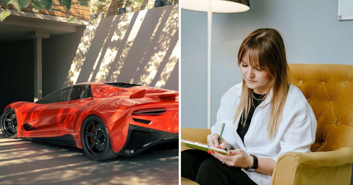 (L) Sports car in driveway. (R) Woman writing letter. (Representative Cover Image Source: Getty Images | (L) peepo, (R) Fiodaliso)