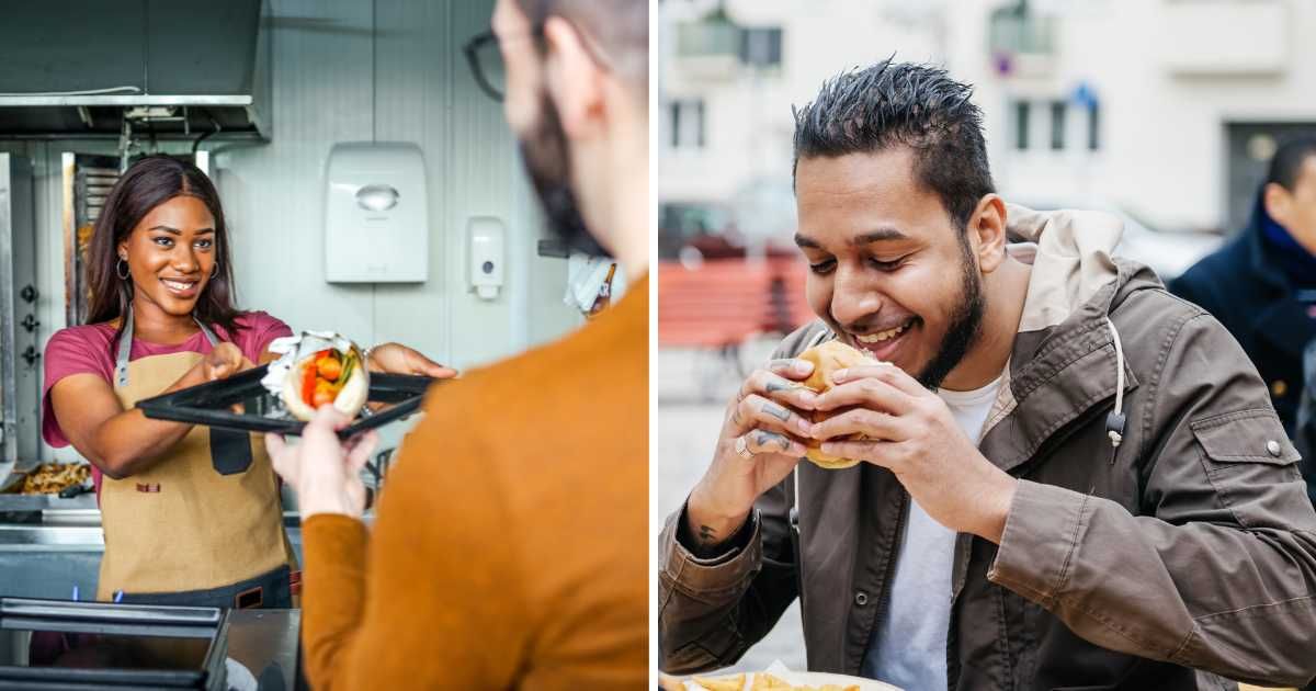 (L) Employee giving food. (R) Man eating burger. (Representative Cover Image Source: Getty Images | (L) Lord henri voton, (R) hinterhaus productions)