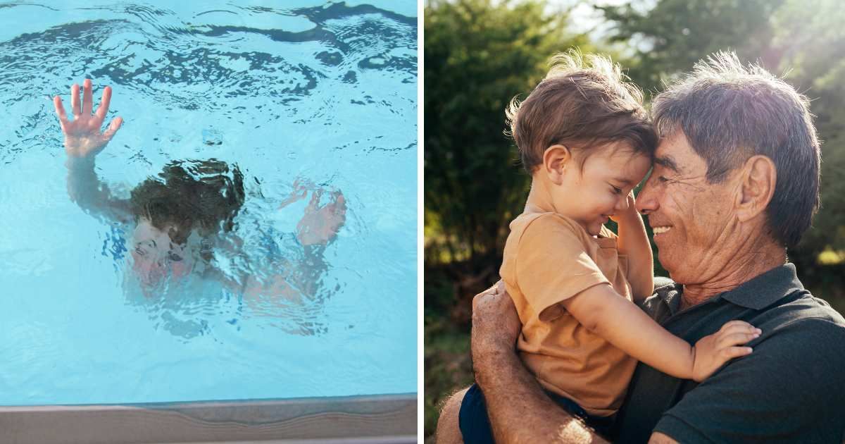 (L) Little boy almost drowning in swimming pool, (R) An old man hugging a toddler; Representative Cover Image Source: Getty Images | Photo by xjben and klebercordeiro
