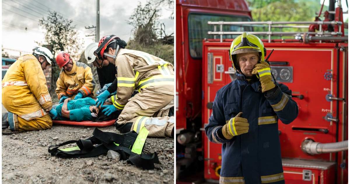(L ) Firefighters helping an accident victim ; (R) A firefighter on a call (Representative Cover Image Source: Getty Images | Photo by (L) Frazao Studio Latino ; (R) Visoot Uthairam)