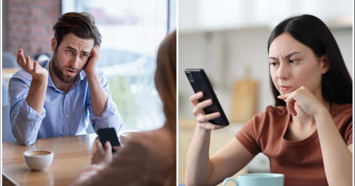 (L ) A man bragging about something to his date ; (R) A woman checking her phone and looking suspicious (Representative Cover Image Source: Getty Images | Photo by (L) Prostock-Studio ; (R) AntonioGuillem)