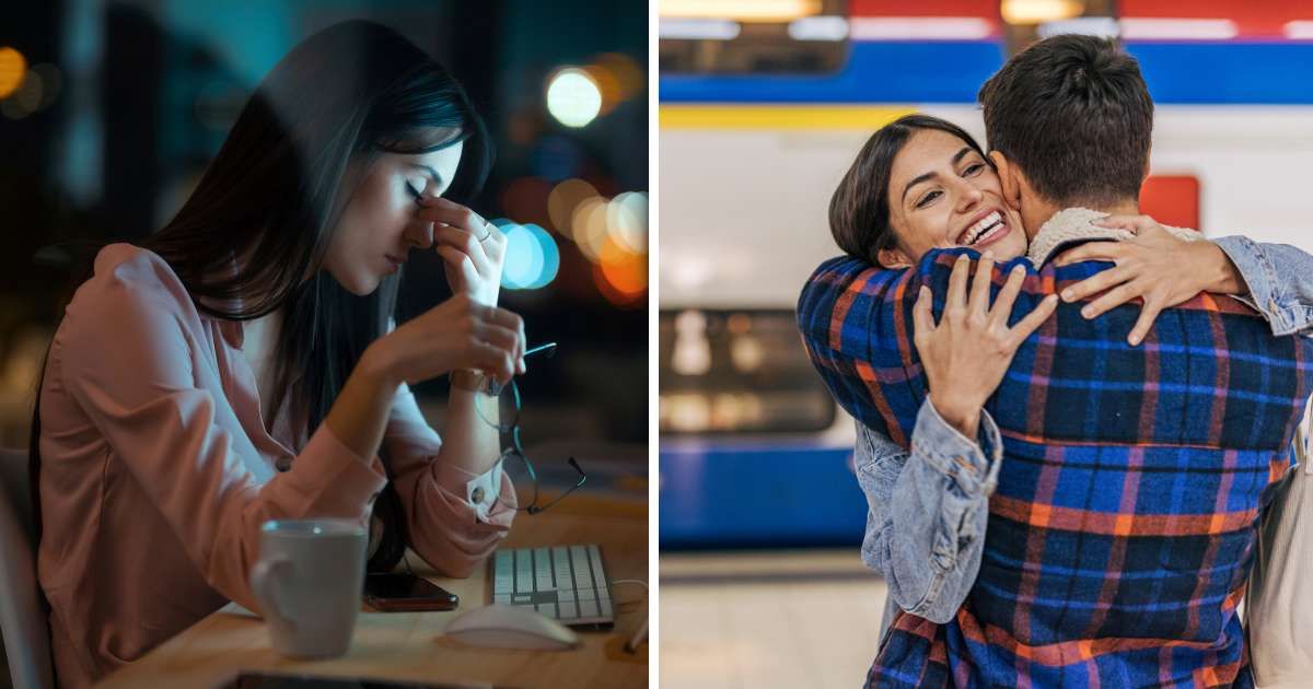 (L) A woman stressed at work, (R) A man hugging a woman at the train station;  Representative Cover Image Source: Getty Images | Photo by Westend61 and milorad kravic

