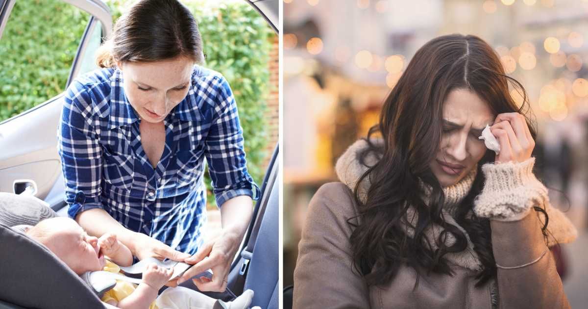 (L) Mom with crying baby in car. (R) Woman crying. (Representative Cover Image Source: Getty Images | (L) Highwaystarz photography, (R) dusanpetkovic)