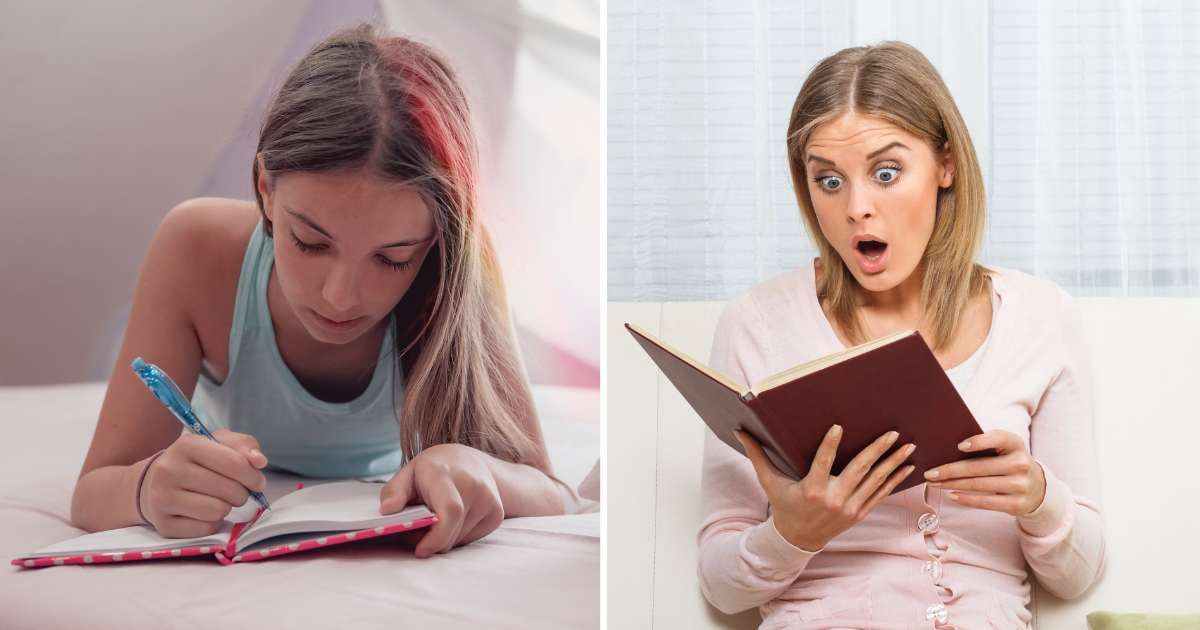 (L) Young girl writing in diary. (R) Woman shocked reading diary. (Representative Cover Image Source: Getty Images | (L) Biserka Stojanovic, (R) LittleBee80)