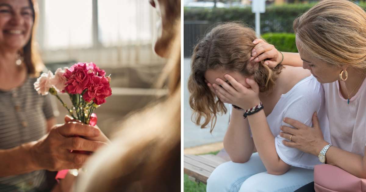 A woman presents a bouquet to another woman (L), A woman consoling a crying woman (R) | Representative Image Source: Getty Images | Photo by SanyaSM and Juanmonino