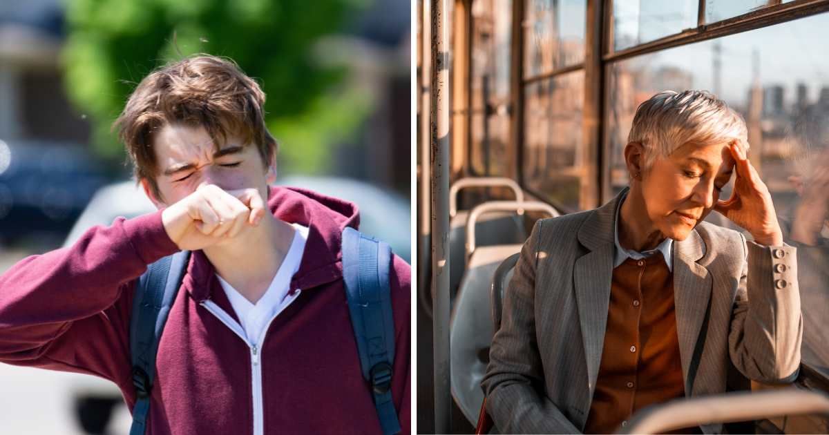 (L) Young boy sneezing. (R) Stressed woman riding bus. (Representative Cover Image Source: Getty Images | (L) Fertnig, (R) MStudioImages)