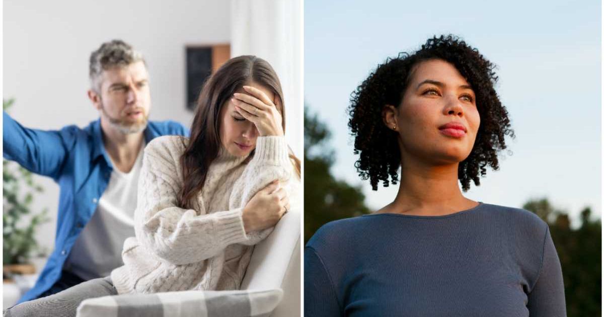 (L ) A woman cries as her husband fights with her ; (R) A woman looks happy (Representative Cover Image Source: Getty Images | Photo by (L) SimpleImages ; (R) Tim Robberts)