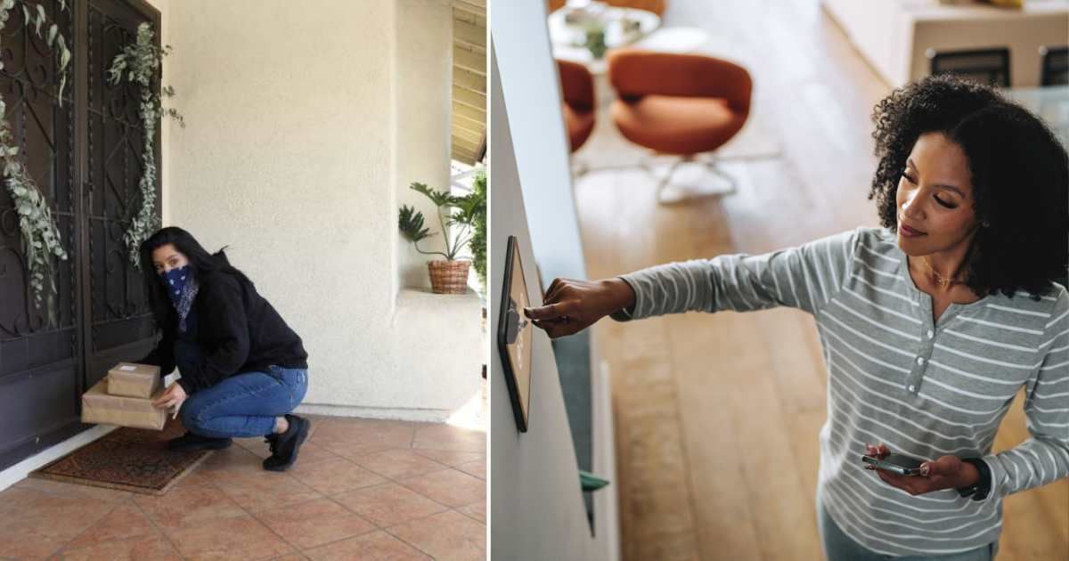 A woman with her face covered reaching for a porch package (L). Woman talking on doorbell camera (R) (Representative Cover Image Source: Getty Images | Photo by AvailableLight and andreswd)