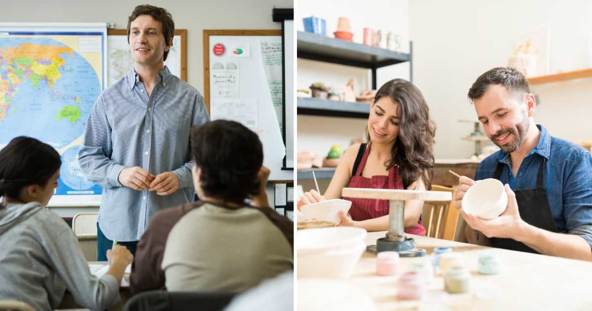 (L) High school teacher in class. (R) Couple on pottery date. (Representative Cover Image Source: Getty Images | (L) Photo Alto, (R) Antonio Diaz)