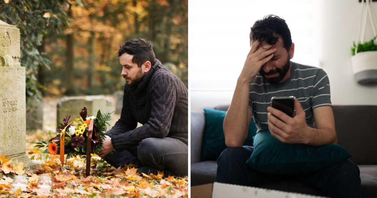 (L) Man sitting at graveyard. (R) Man crying looking at phone. (Representative Cover Image Source: Getty Images | (L) ajkkafe, (R) Antonio Diaz)