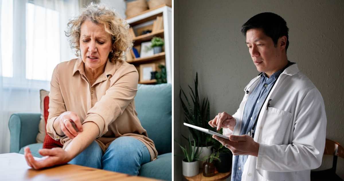 (L) Woman scratching arm due to rashes. (R) Male doctor using tablet. (Representative Cover Image Source: Getty Images | (L) LordHenriVoton, (R) Tim Kitchen)