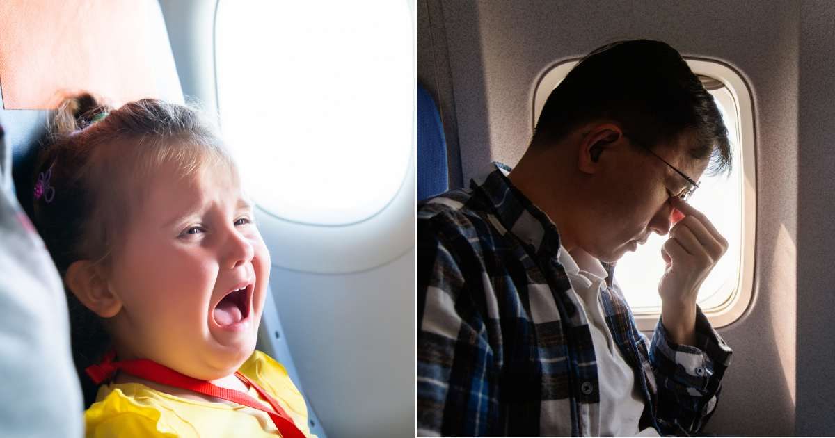 A child crying on a plane (R), A frustrated man holding his head (L) (Photo by baona and AndreyPopov)