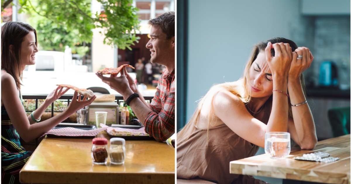 (L ) A couple eating pizza at a restaurant ; (R) A woman trying to recollect something (Representative Cover Image Source: Getty Images | Photo by (L) Jordan Siemens ; (R) Olga Rolenko)