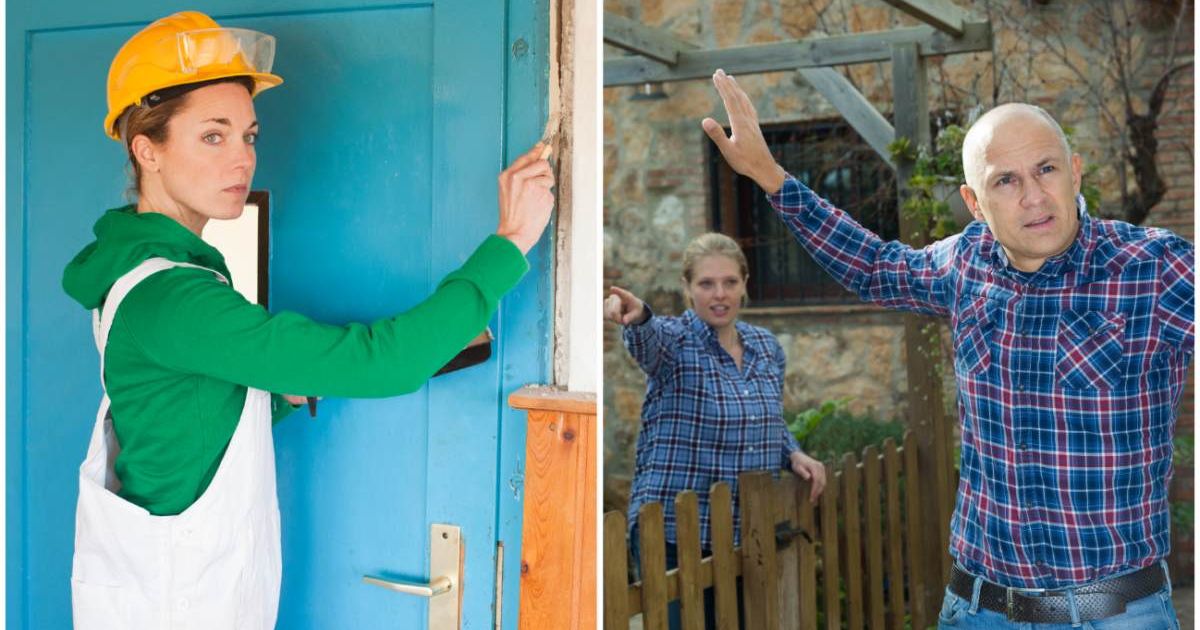 (L ) A woman fixing a door ; (R) A neighbor being asked to leave by a woman (Representative Cover Image Source: Getty Images | Photo by (L) Antenna ; (R) JackF)