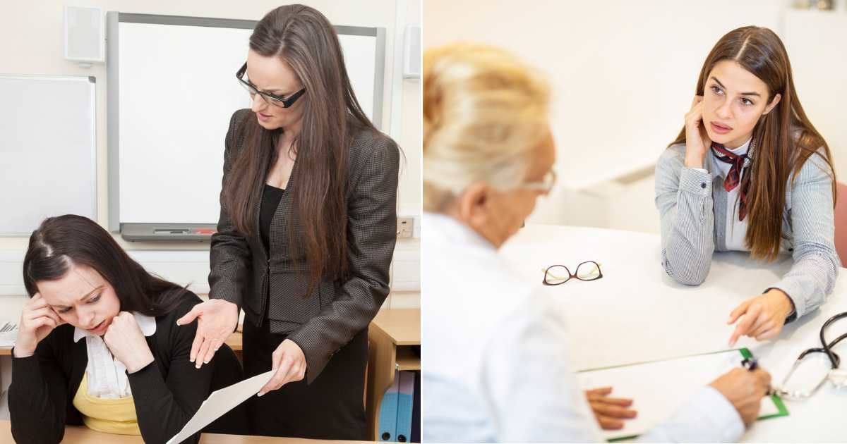A Teacher scolding a student (L). A young woman consulting doctor (R) (Representative Cover Image Source: Getty Images | Photo by PaulaConnelly and DjelicS)