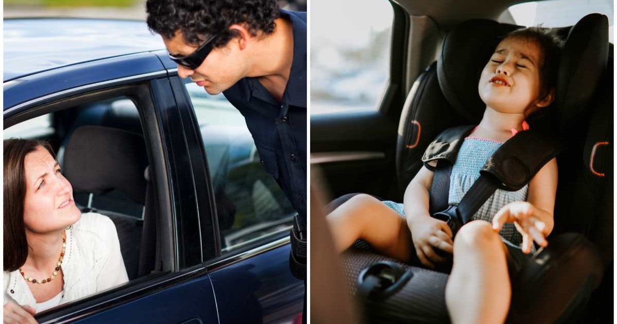 (L ) A cop talking to a woman in a car ; (R) A kid crying in a car (Representative Cover Image Source: Getty Images | Photo by (L) redhumv ; (R) ozgurcankaya)